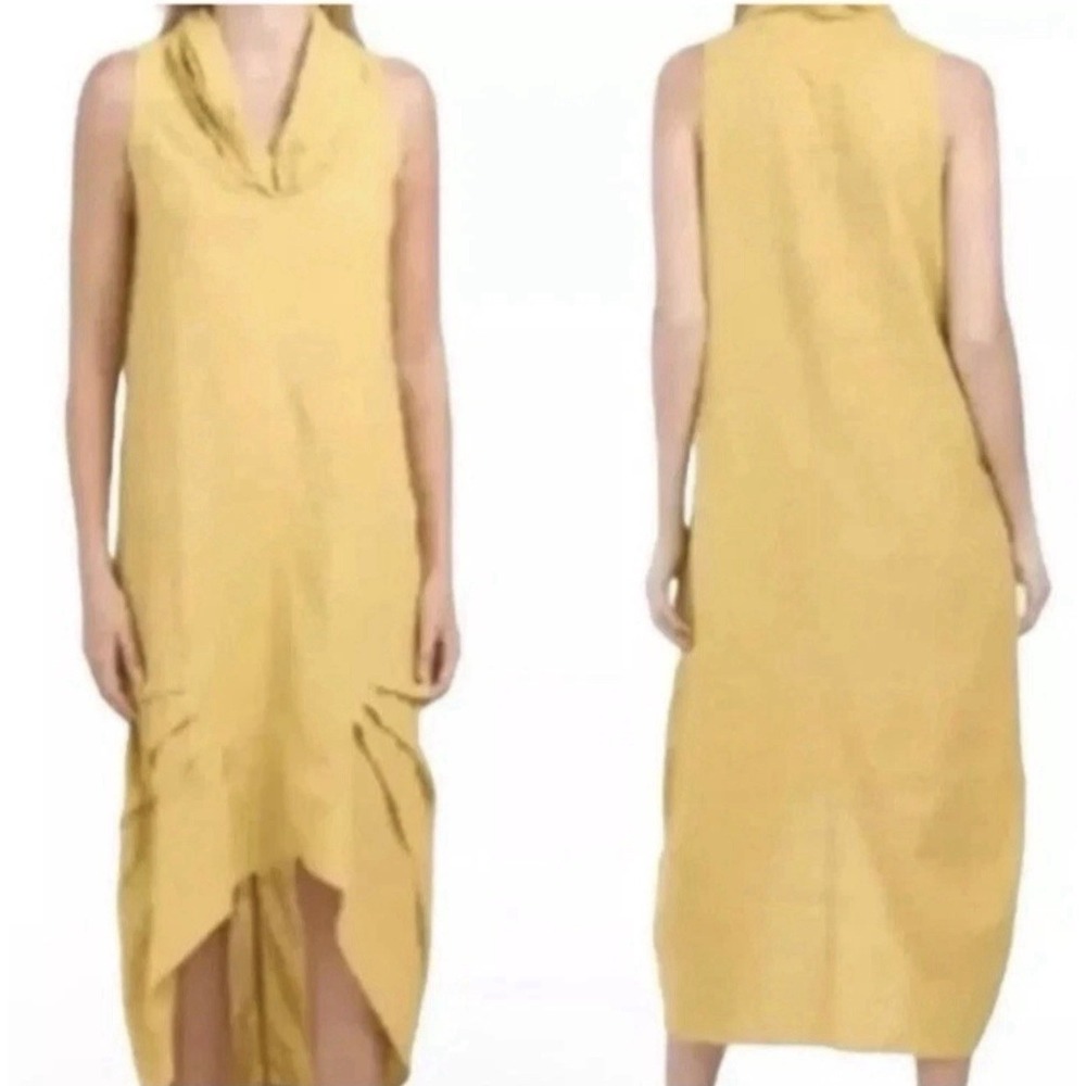For Cynthia Cowl Neck Midi Dress Hi Low Linen Blend Lagenlook Bohemian L Yellow